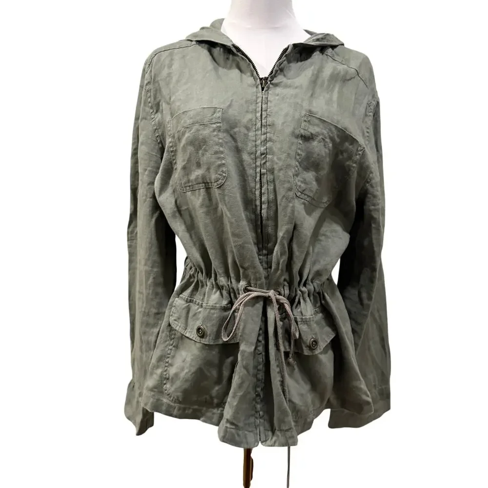 St Tropez West Olive Green 100% Linen Utility Jacket Large Coastal Safari Chic